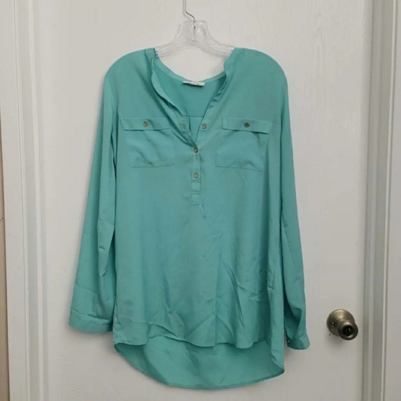 Calvin Klein Womens Popover Top Green Long Sleeve Band Collar Pockets High Low M - Picture 1 of 8